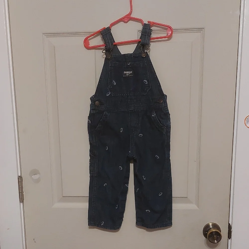 OshKosh B'Gosh Embroidered Football Carpenter Style Denim Bib Overalls Size 24M